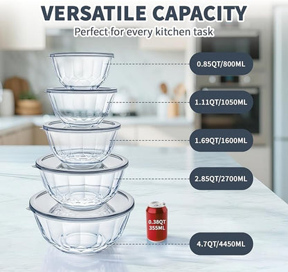 Luvan Glass Mixing Bowls with Lids Set of 5(0.85qt,1.11qt,1.69qt,2.85qt,4.7qt), Large Salad Bowl with Diamond Pattern & Grey Transparent Lids, Kitchen Clear Mixing Bowl for Serving Baking Prep Storage - Image 3