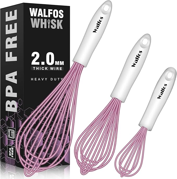 Walfos Whisk, Silicone Whisks for Cooking & Baking Non Scratch Rubber Coated Pink Whisk for Non-stick Wisk, Perfect for Frothing, Blending, Beating and Whisking (3pack Pink) by Walfos