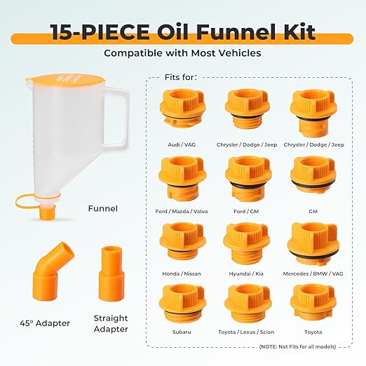 FOUR UNCLES 1.5L Oil Funnel Kit, Universal No-Spill Engine Oil Funnel with 14 Adapters Fits for Most Cars, Trucks & SUVs, Hands-Free Operation and Transparent Monitoring