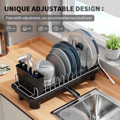 SanDream Small Dish Drying Rack with Removable Utensil Holder & Anti-Scratch Base - Stainless Steel Dish Rack, Dish Drying Rack with Drainage & Space Saving Design for Kitchen Counter, Black - Image 4