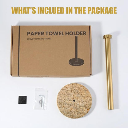 Koville Paper Towel Holder Countertop, Standing Paper Roll Holder with 6" Weighted Marble Base, Stone Paper Towel Holder with Gold Stainless Steel Rod for Kitchen Bathroom (Golden River)