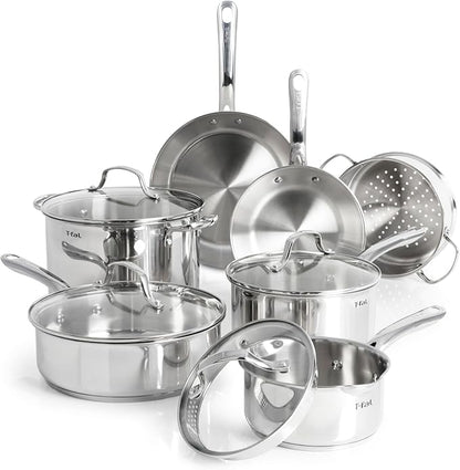 T-fal Stainless Steel Pots and Pans Set 11 Piece, Induction, Oven Broiler Safe 500F, Kitchen Cooking Set w/Fry Pans, Saucepans, Saute Pan, Dutch Oven, Steamer, Cookware, Dishwasher Safe, Silver by T-falbrand