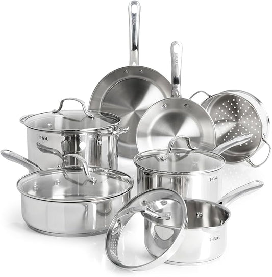 T-fal Stainless Steel Pots and Pans Set 11 Piece, Induction, Oven Broiler Safe 500F, Kitchen Cooking Set w/Fry Pans, Saucepans, Saute Pan, Dutch Oven, Steamer, Cookware, Dishwasher Safe, Silver by T-falbrand