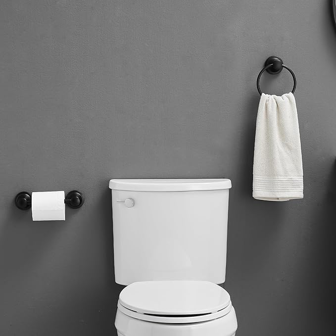 RUMOSE Toilet Paper Holder and Hand Towel Ring Matte Black Wall Mount Bathroom Hardware Accessories 2 PCS Set Flexible Pivoting Toilet Tissue Roll Holder and Towel Hanger, Stainless Steel