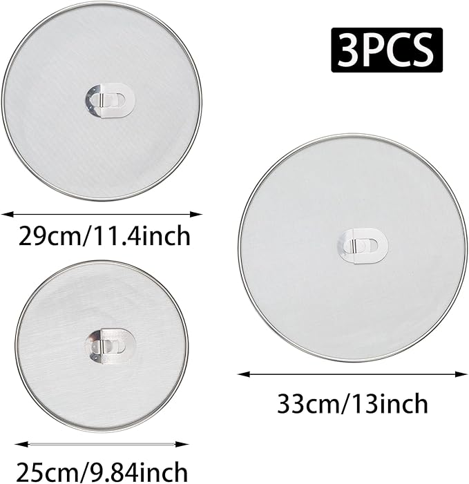 3 Pack Silver Stainless Steel Splatter Screens (9.8", 11.4", 13"), Grease Splatter Guard Ultra-Fine Mesh, Foldable Knob for Cooking/Chefs/Home Cooks - Image 2