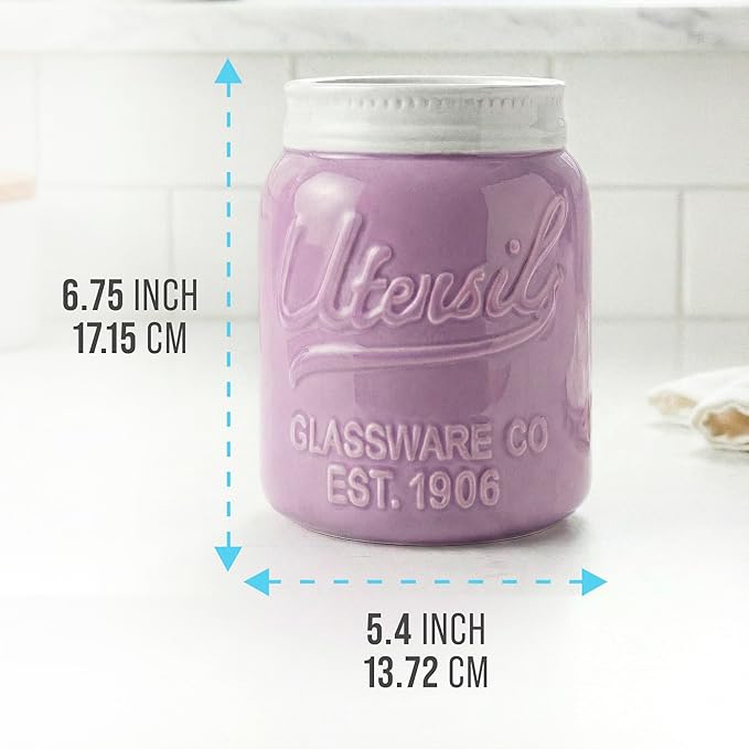 Comfify Wide Mouth Mason Jar Utensil Holder Decorative Kitchenware Organizer Crock, Dishwasher Safe - Kitchen Caddy Purple, Large Size 7" Hight - Image 3