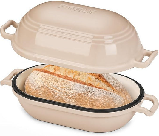 Enameled Cast Iron Dutch Oven for Sourdough Bread Baking,11 x 7 Inch Oval Cast Iron Bread Pan with Lid,Dutch Oven for Homemade Sourdough Baking,5 QT Meatloaf Pan,Oven Safe(Latte)