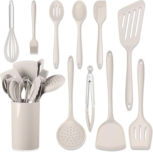 HaWare 11 PCS Silicone Cooking Utensils Set, Heat Resistant Kitchen Utensils with Holder, Food-grade Spatula Sets for Nonstick Cookware, Kitchen Tools Gadgets Include Fish Turner, Spoon (Khaki) by HaWare
