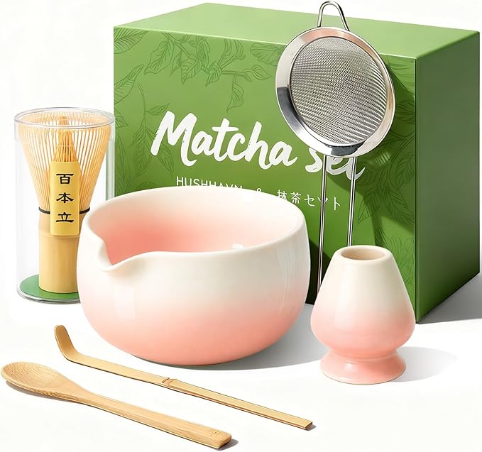 Matcha Whisk Set, Ceramic Matcha Set Includes Bowl & Holder, Bamboo Whisk (Chasen), Scoop, Spoon and Sifter, 6PCS Matcha Kit Covers Everything Needed for Making Matcha (Pink)