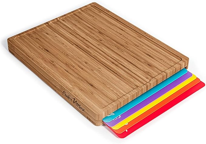 Cooler Kitchen Bamboo Wood Cutting Board Set with 6 Color Coded Flexible Plastic Chopping Mats with Food Icons, Wooden Cutting Boards for Kitchen, Wooden Chopping Board Non Toxic Dishwasher Safe by CoolerKitchen
