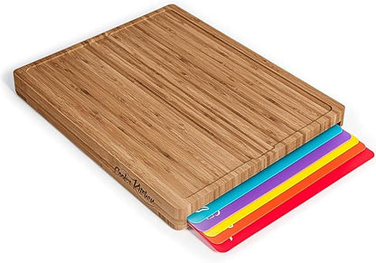 Cooler Kitchen Bamboo Wood Cutting Board Set with 6 Color Coded Flexible Plastic Chopping Mats with Food Icons, Wooden Cutting Boards for Kitchen, Wooden Chopping Board Non Toxic Dishwasher Safe by CoolerKitchen