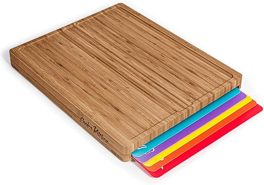Cooler Kitchen Bamboo Wood Cutting Board Set with 6 Color Coded Flexible Plastic Chopping Mats with Food Icons, Wooden Cutting Boards for Kitchen, Wooden Chopping Board Non Toxic Dishwasher Safe by CoolerKitchen