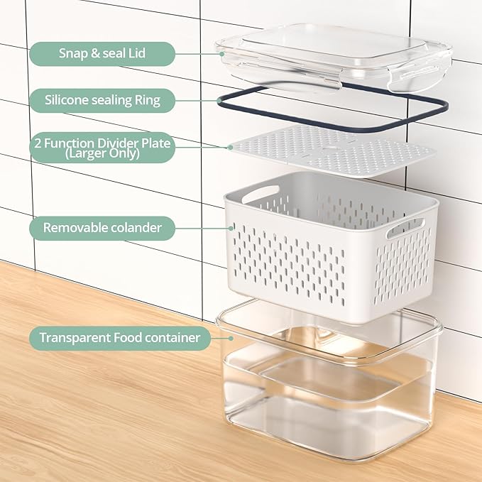 Fruit Storage Containers for Fridge with Removable Colander, 8 Pack Fruit Containers for Fridge with 2 Function Divider Plate, Airtight Storage Container to Keep Berry Fruit Fresh, Dishwasher Safe - Image 4