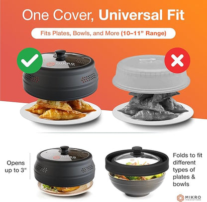 Mikro Innovations Glass & Silicone Microwave Splatter Cover – Tall and Collapsible Design that fits 6-10.5in Plates and Bowls - Space Saving, BPA Free & Dishwasher Safe (1, Black, large)
