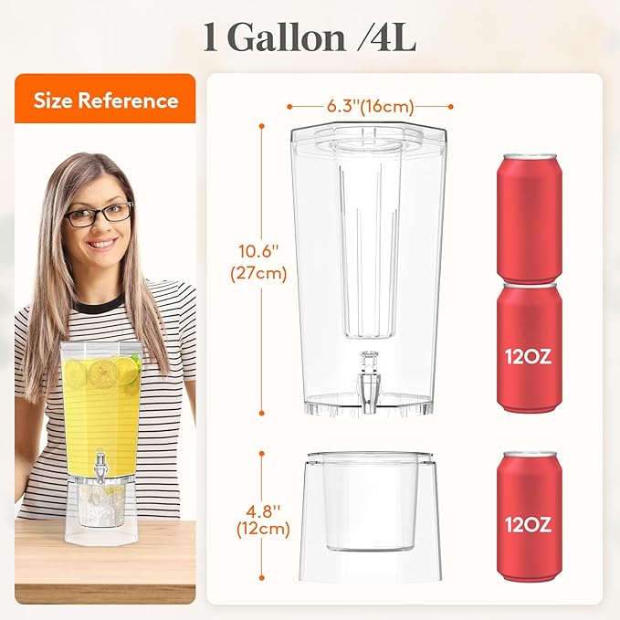 Lifewit 1 Gallon Drink Dispenser for Parties 2 Pcs, Plastic Beverage Container for Juice/Tea/Soda with Stand & Ice Core, Clear Lemonade Dispenser with Spigot, BPA Free Water Pitcher 39 x 16 cm/15x6" - Image 2