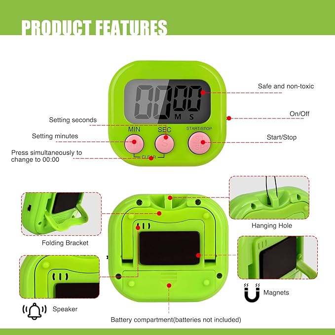 6 Pack Multi-Function Electronic Timer, Colorful Kitchen Timers Digital Magnetic, Countdown Timer, Big LCD Display Loud Alarm Kitchen Timers for Cooking, Bathing, Gym, Meeting, Classroom - Image 5