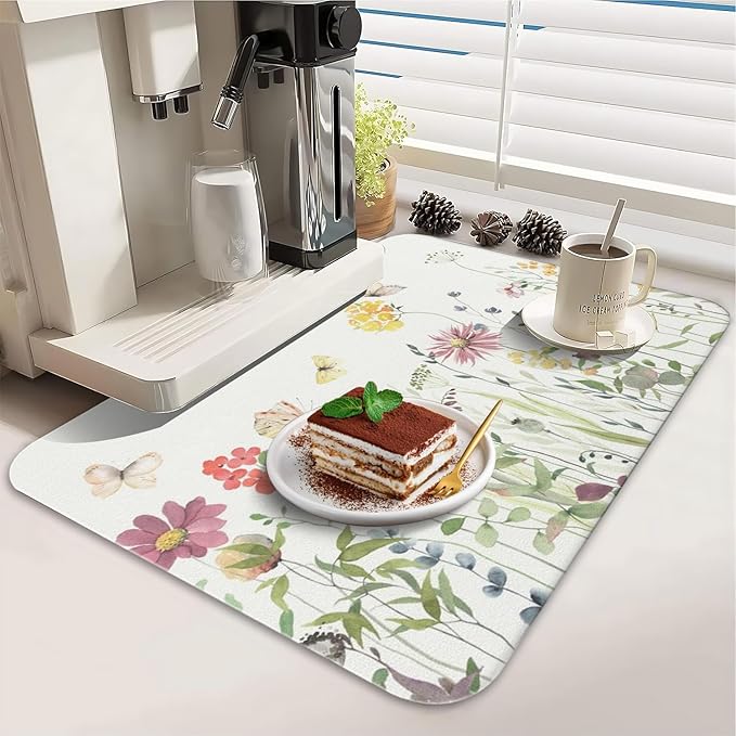 Dish Drying Mat for Kitchen Counter 2 Pack with Non-Slip Rubber Backing - Heat-Resistant Absorbent Coffee Bar Mat, Dish Rack Mat, Butterflies and Flowers Dish Drying Mats 18x24+19.5x12 inch