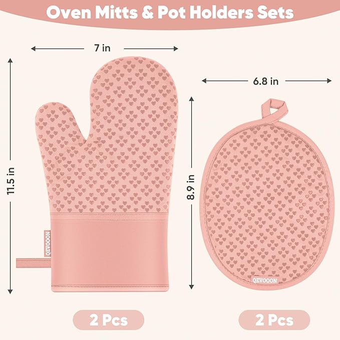 Oven Mitts and Pot Holders 4 Sets, Heat Resistant 500 ℉ Oven Mitt and Pot Holder,Oven Glove&Potholders with Non-Slip Silicone Surface,Kitchen Essentials for Cooking/Baking/BBQ-Pink - Image 2