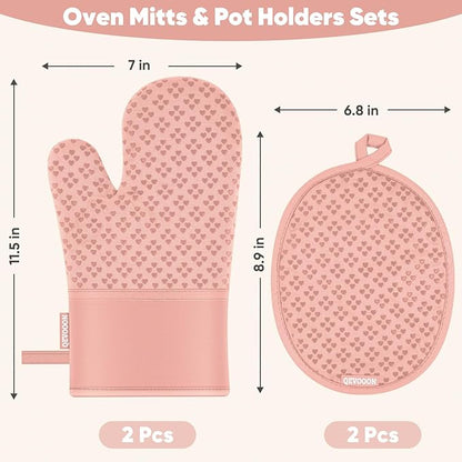 Oven Mitts and Pot Holders 4 Sets, Heat Resistant 500 ℉ Oven Mitt and Pot Holder,Oven Glove&Potholders with Non-Slip Silicone Surface,Kitchen Essentials for Cooking/Baking/BBQ-Pink - Image 2