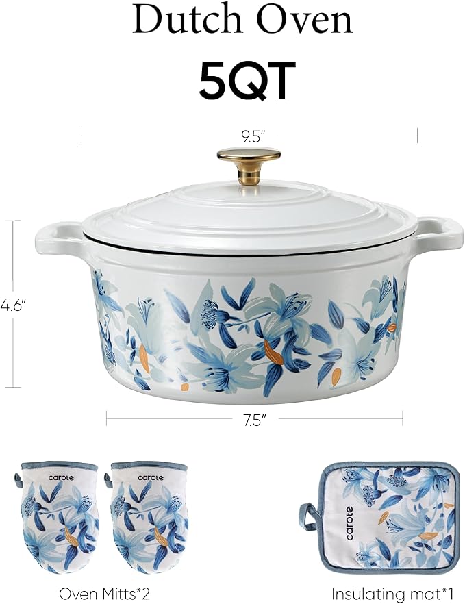 CAROTE 5 QT Cast Iron Dutch Oven Pot with Lid, Enameled Floral Dutch Ovens with Cotton Potholders & Oven Gloves, Gift Box, Cast Iron Pot for Sourdough Bread Baking, Braising, Stews, Roasting, Dual Handles, All Stovetop Compatible, Oven Safe up to 500° ... - Image 2