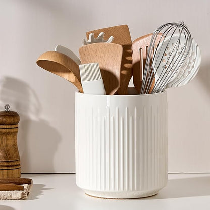 JIEMEI HOME Utensil Holder, 7.2" Large Ceramic Stable Utensil Crock for Kitchen Counter, Utensil Holder with Cork Mat, Removable Bamboo Divider for Easy, Kitchen Decor, White by JHJIEMEIHOME