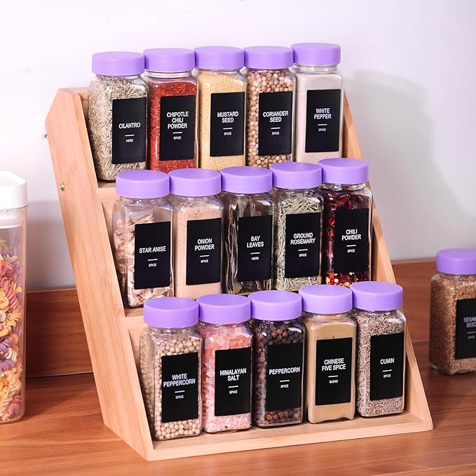 24 Glass Spice Jars with Labels, Spice Jar Set, 4oz Spice Containers, Seasoning Containers with Purple Airtight Lids and Shaker Lids, Square Empty Spice Bottles, 492 Labels, 1 Funnel - Image 5