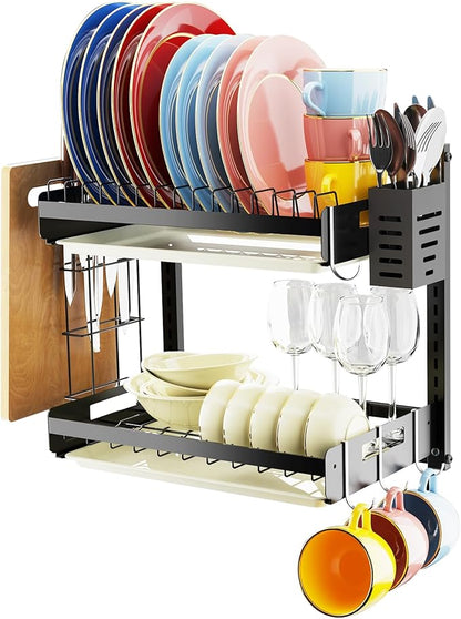 Hanging Wall Mounted Dish Drying Rack with Cutting Board Rack*1, Hook*4, Drain Tray*2, Apartment & RV Wall Mounted Dish Rack, Adhesive Mountable, 2 Layers & 16“ Long, Counter Free (Black)