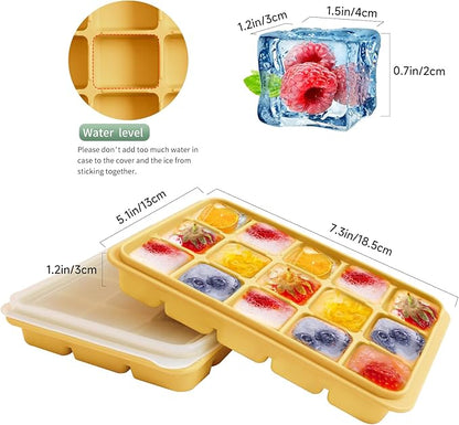 Tvmania Ice Cube Trays Set of 2, Easy Release 15 Flexible Silicone Ice Cube Molds with Removable Lid Reusable Freezer Ice Trays Stackable for Whiskey, Baby Food, BPA Free (yellow) - Image 3