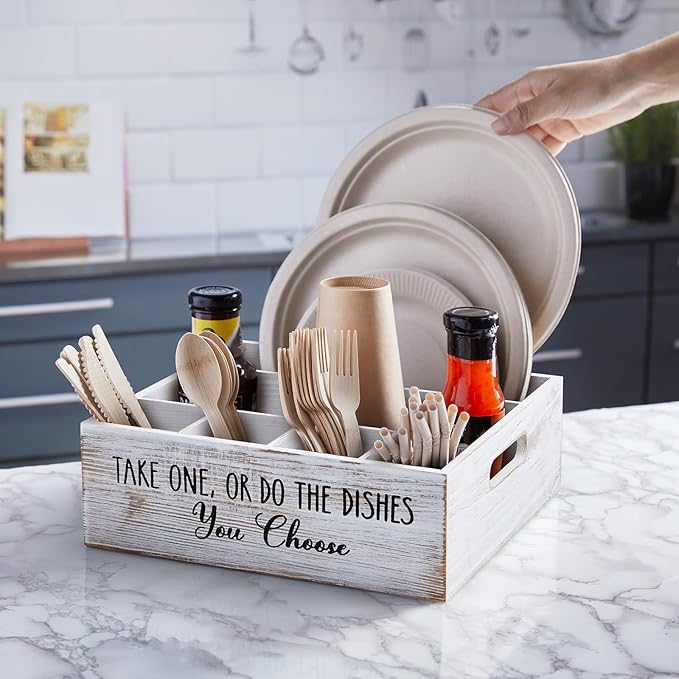ALELION Rustic White Plate and Utensil Caddy, 6-Compartment Paper Plate and Cutlery Holder with Handles, Kitchen and Party Organizer for BBQs, Picnics, and Gatherings - Image 3