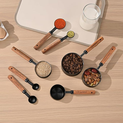 Stainless Steel Measuring Cups and Spoons Set of 8, Stackable Wooden Handle Metal Measuring Cup & Spoon Set with Metric & US Measurements, Rustic Farmhouse Kitchen Gadgets for Dry & Liquid Ingredients