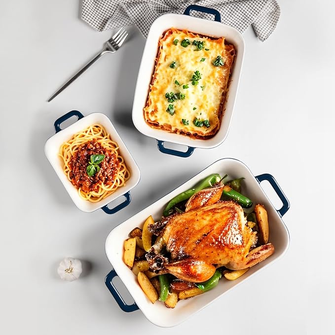 Sweejar Relief Casserole Dishes for Oven, Ceramic 9x13 Baking Pans Set for Cooking, Cake, Banquet and Daily Use, Rectangular Bakeware Set, Porcelain Baking Dish, Lasagna Pan Deep with Handles(Navy) - Image 3