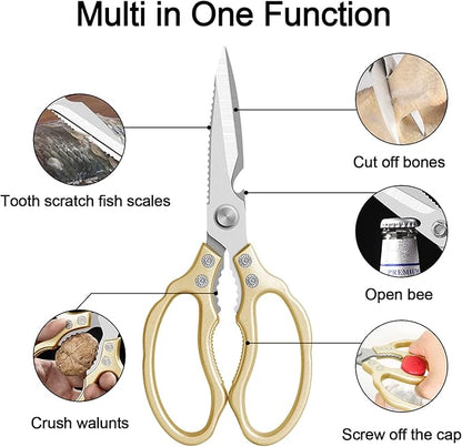 CGBE Kitchen Scissors All Purpose Heavy Duty, Ultra Sharp Stainless Steel Kitchen Shears Dishwasher Safe, Cooking Shears for Chicken, Poultry, Fish, Meat, Herbs & Grapes with Non-Slip Grips - Gold - Image 2