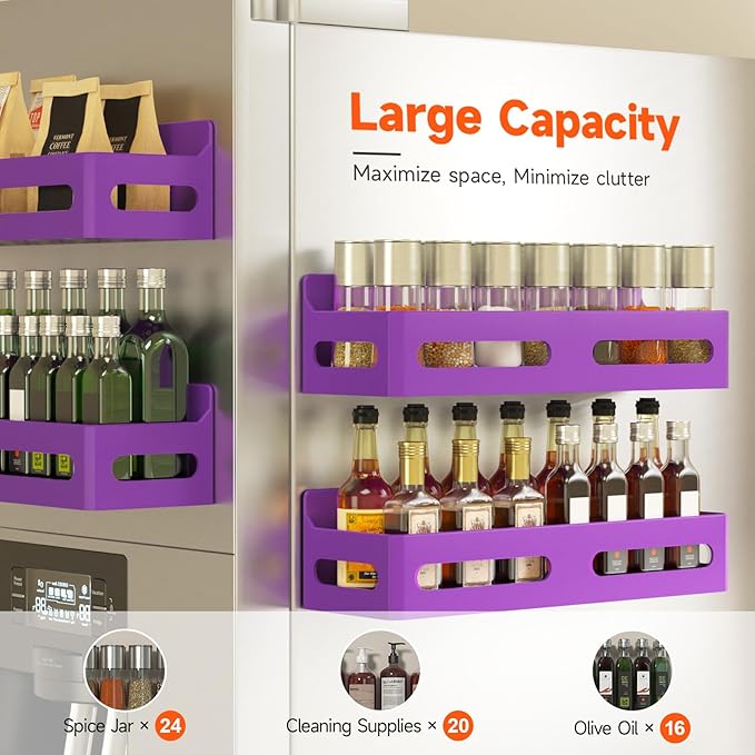 Sevenblue 4 Pack Strong Magnetic Spice Rack for Refrigerator, Multipurpose Magnetic Shelf for Fridge with 4 Hooks for kitchen and Bathroom Organization, Purple - Image 4