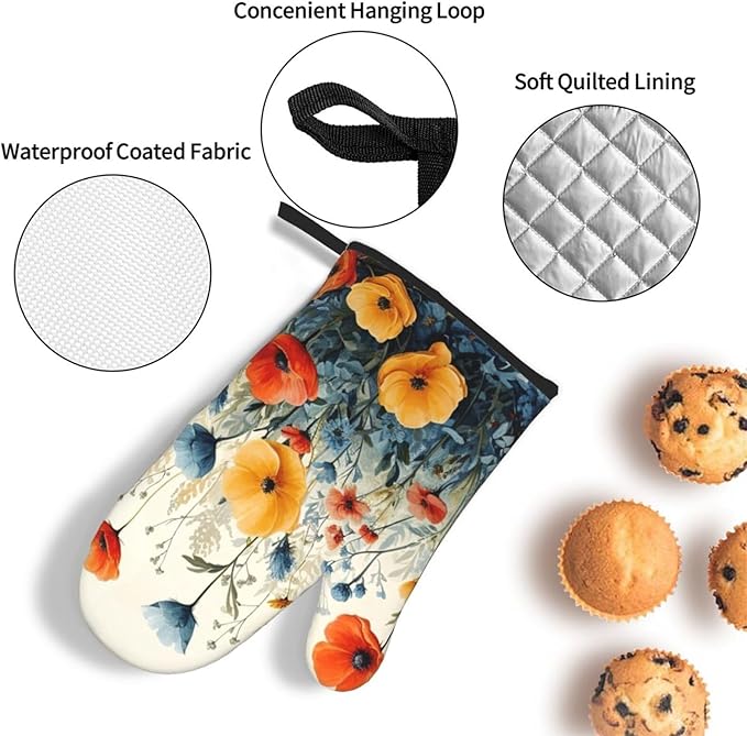 Colorful Wildflower Oven Mitts and Pot Holders Set of 3,Heat Resistant Non Slip Blue and Orange Floral Kitchen Gloves Hot Pads for BBQ Grilling,Chef Cooking Baking Gifts for Women Bakers