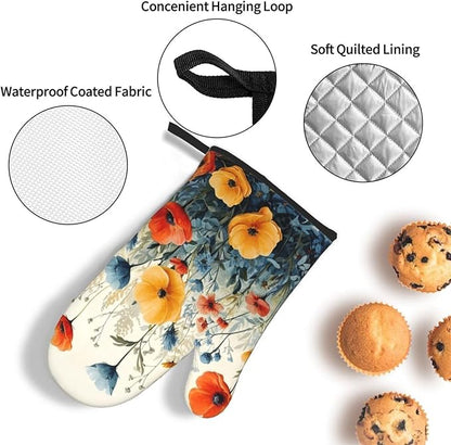 Colorful Wildflower Oven Mitts and Pot Holders Set of 3,Heat Resistant Non Slip Blue and Orange Floral Kitchen Gloves Hot Pads for BBQ Grilling,Chef Cooking Baking Gifts for Women Bakers