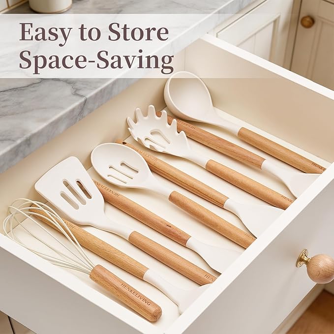 Silicone 10 Pcs Kitchen Cooking Utensils Set, Recycled Materials Certification, BPA Free Spatula Set with Heat Resistant Wood Handles for Nonstick Cookware, Cream White - Image 6