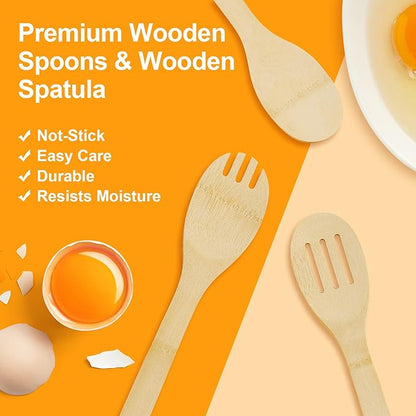 5 Piece Wooden Spoons - Natural Bamboo Wood Cooking Utensils Set,Nonstick Wooden Spatula & Spoons for Cooking,Premium Wood Kitchen Utensil Set,Housewarming Gifts New Home