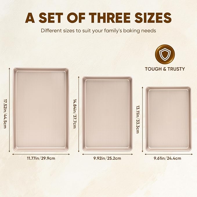 Sakerplus Nonstick Baking Sheet Pan Set of 3, Heavy Duty Cookie Sheets for Oven with Stripe Texture Pattern, 0.6mm Thick Quarter/Half/Jelly Roll Pans, Rust-Resistant & Easy Clean (Champagne Gold) - Image 4