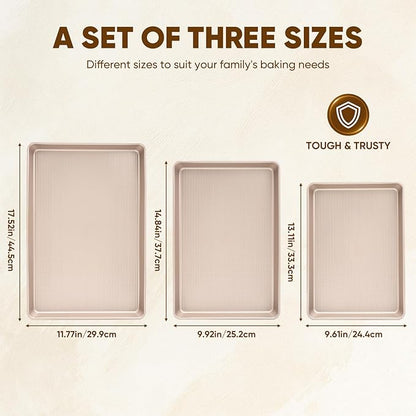 Sakerplus Nonstick Baking Sheet Pan Set of 3, Heavy Duty Cookie Sheets for Oven with Stripe Texture Pattern, 0.6mm Thick Quarter/Half/Jelly Roll Pans, Rust-Resistant & Easy Clean (Champagne Gold) - Image 4