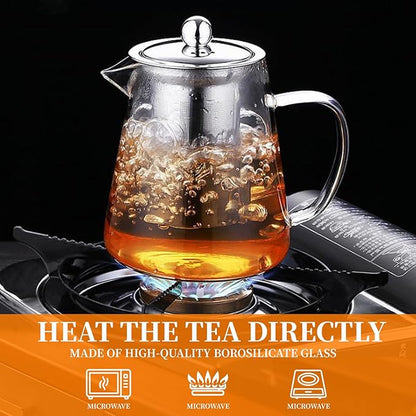 Glass Teapot with Stainless Steel Infuser, Borosilicate Tea Kettle, Clear Tea Maker for Loose Leaf Tea (950ML)