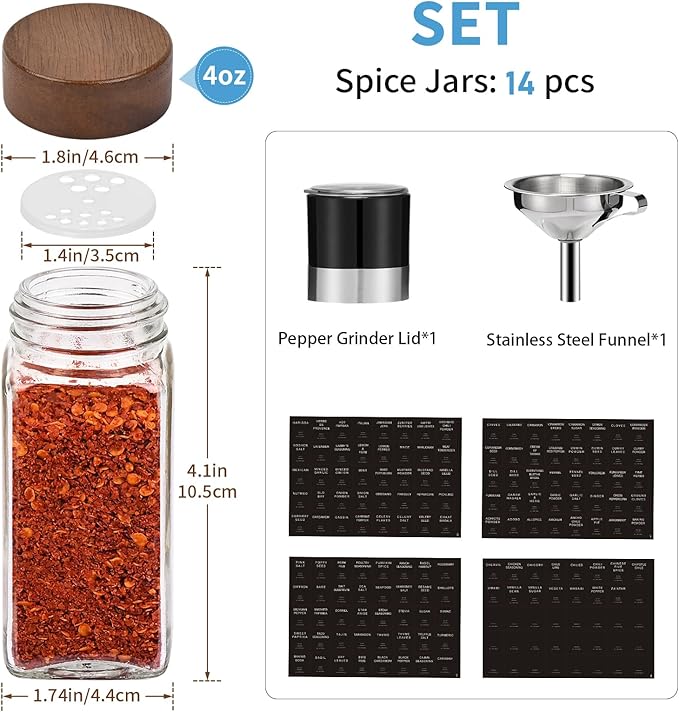 Yangbaga 14Pcs Glass Spice Jars with Labels-4oz Acacia Wood Lid Square Spice Containers with Pepper Grinder Lids &Funnel,Seasoning Jars for Rack Cabinet Drawer - Image 2