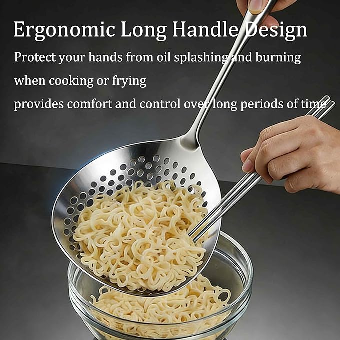 Stainless Steel Skimmer Slotted Spoon, Spider Strainer Ladle with Long Handle for Cooking, Draining Pasta, Deep Frying(Stainless Steel Handle)