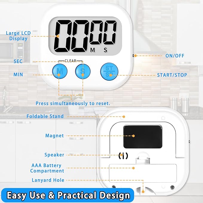 Lasubst Digital Kitchen Timers for Cooking, Magnetic Classroom Timers for Teachers Kids, Back to School Supplies Bulk (6 Pack, Black White Pink Purple Blue Green) - Image 5