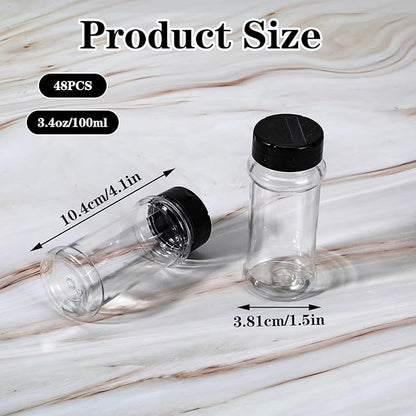 48 Pack Clear Plastic Spice Jars with Label and Shaker Lids Empty Spice Bottles Seasoning Containers Seasoning Jars Shaker Condiment Pots for Pepper Herbs Powders 3.4 oz