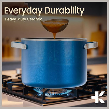 Bakken 5 Quart Ceramic Coated Stock Pot with Lid, Easy to Clean Nonstick Pot, Tempered Glass Lid, Riveted Stainless Steel Handles, Oven Safe Up To 500°F, PTFE & PFAS Free, All Stove Compatible, Blue - Image 7
