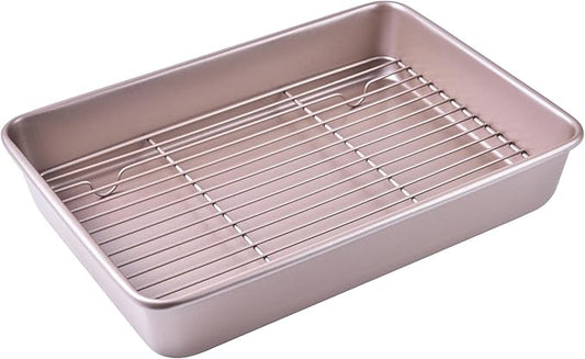 13-Inch Nonstick Roasting Baking Pan with Wire Rack(1Pan & 1Rack), Non-Stick Rectangular Deep Dish Oven-BBQ Bakeware for Oven Baking 13.78" x 9.84" x 2.36" (Champagne Gold)