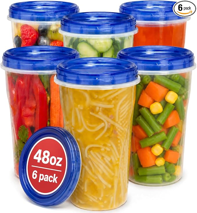 Stock Your Home 48oz Plastic Containers with Twist Top Lids (6 Pack), 1.5 Quart Freezer Containers with Lids for Leftover Food, Airtight Reusable Soup Containers, Microwave and Dishwasher Safe by StockYourHome