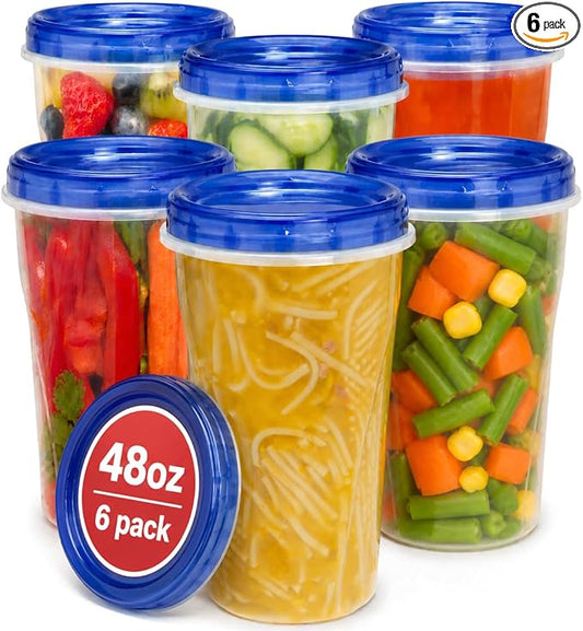 Stock Your Home 48oz Plastic Containers with Twist Top Lids (6 Pack), 1.5 Quart Freezer Containers with Lids for Leftover Food, Airtight Reusable Soup Containers, Microwave and Dishwasher Safe by StockYourHome