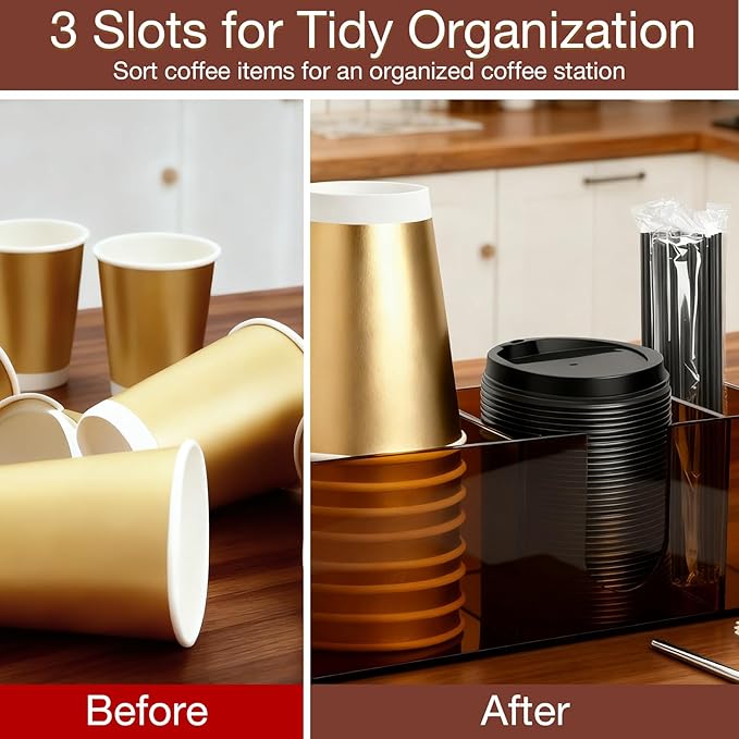 Acrylic Coffee Cup Holder for Countertop, 3 Slots Acrylic Coffee Bar Accessories and Organizer Anti Slip Waterproof, Coffee Station Organizer for Cup Lid Straw, Amber Coffee Color