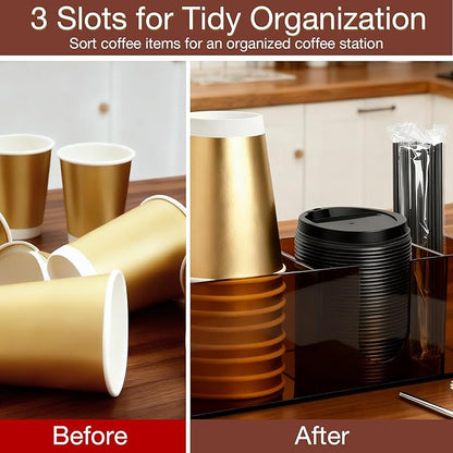 Acrylic Coffee Cup Holder for Countertop, 3 Slots Acrylic Coffee Bar Accessories and Organizer Anti Slip Waterproof, Coffee Station Organizer for Cup Lid Straw, Amber Coffee Color